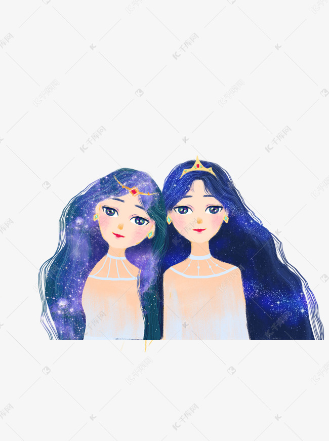 水彩绘双胞胎女生psd人物素材
