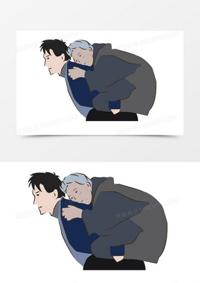 卡通深色系母亲节儿子背母亲手绘素材