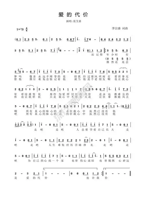张艾嘉《爱的代价》高清歌谱 李宗盛作曲 简谱下载 流行弹唱网