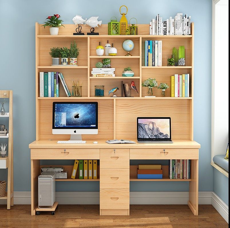 一折实木书桌写字台带书架书柜组合