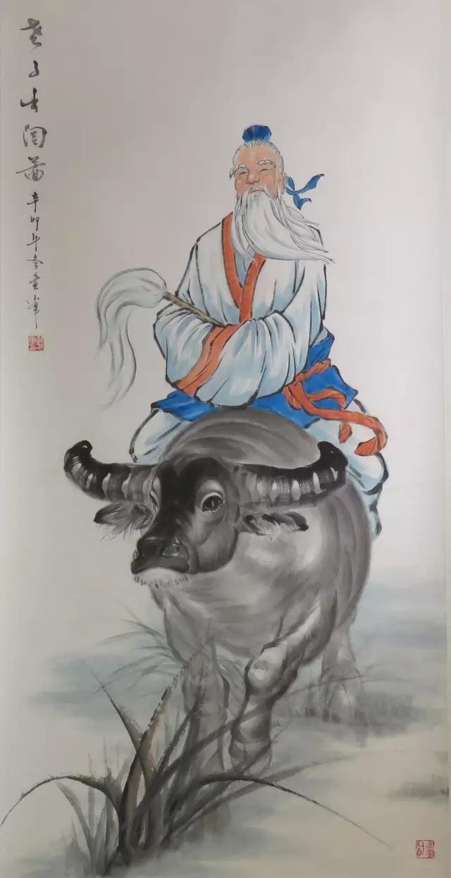 老子出关图水牛是这幅老子岀关图的一个重要部分,水墨画画牛,画满全身