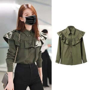 欢乐颂关关同款衣服乔欣同款墨绿长袖荷叶边衬衫长裤套装