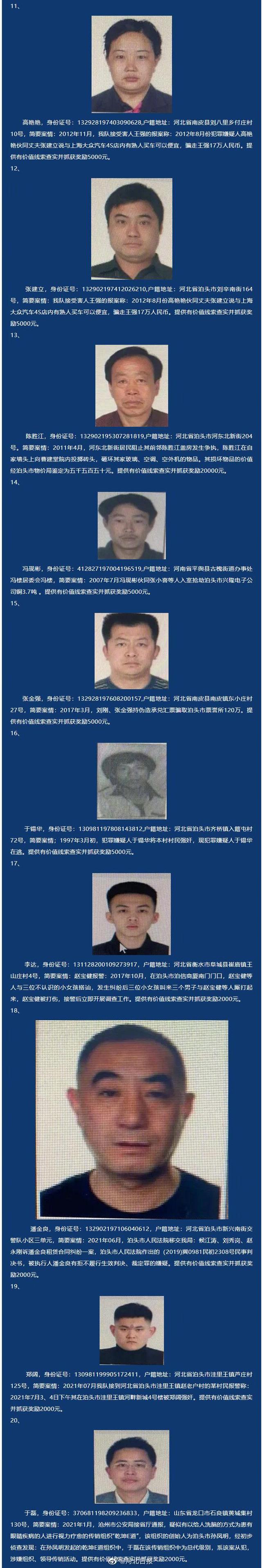 悬赏金额最高5万元!河北泊头警方悬赏通缉28名上网逃犯